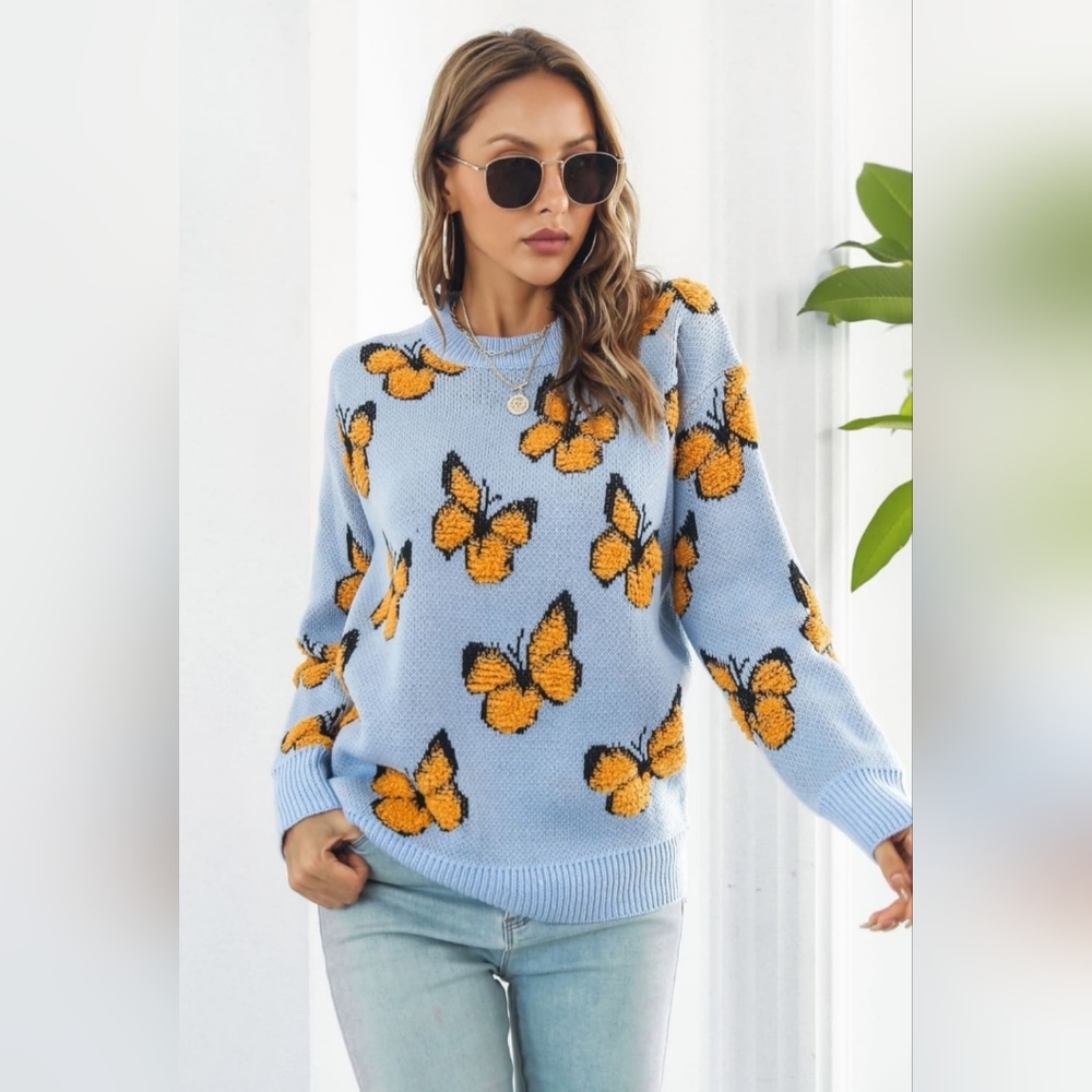 Fuzzy Shag Monarch Butterfly Raised Bold Color Knit Pullover Sweater Shirt